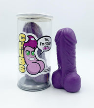 Load image into Gallery viewer, Chubs Penis Soap Collection in Cute Gift Cans, Bulk Options WHIMSICAL &amp; NAUGHTY It&#39;s the Bomb 4 Purple Chubs in Gift Cans  