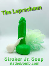Load image into Gallery viewer, The Leprechaun&#39; St Patrick&#39;s Green Penis Soap. Shamrock Green Stroker Jr&#39; Soap w/ Cute White Sperm &#39;Spermie&#39; Soap WHIMSICAL &amp; NAUGHTY Dirty Clean Fun   