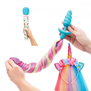 Unicorn sex Play kit: wand vibrator, Vibrating Butt Plug with Detachable Tail, Unicorn Hat (Save $100.00)  