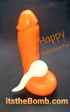 Load image into Gallery viewer, Happy Halloweeny &#39;Stroker Jr&#39; Orange Penis Party Soap with A Cute &#39;Spermie&#39; Soap WHIMSICAL &amp; NAUGHTY Dirty Clean Fun Orange Halloween &#39;Stroker JR&#39; Penis Party Soap with Spermie  