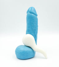 Load image into Gallery viewer, Stroker Jr&#39;  blue penis soap with suction cup white spermie soap