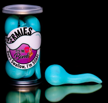 Load image into Gallery viewer, blue spermies shaped soap in gift can