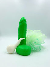 Load image into Gallery viewer, The Leprechaun&#39; St Patrick&#39;s Green Penis Soap. Shamrock Green Stroker Jr&#39; Soap w/ Cute White Sperm &#39;Spermie&#39; Soap WHIMSICAL &amp; NAUGHTY Dirty Clean Fun St Patrick&#39;s Shamrock Green Penis Dick Soap  
