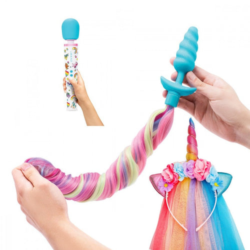 Unicorn sex Play SET: Le Wand Massager, B-Vibe Vibrating Butt Plug, Unicorn Hat 'Become the Unicorn cos play' Massager 