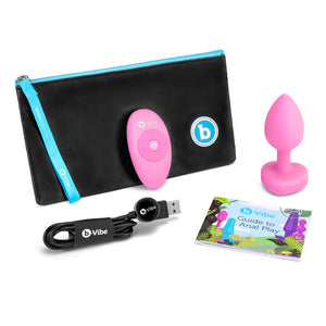 B-Vibe Vibrating Heart Butt Plug vibrator with remote pink topaz small medium