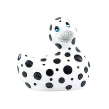 Load image into Gallery viewer, Duckie Black w/Yellow Dots Massager Bath Toy Bath &amp; Body It&#39;s the Bomb White Duckie Black Polka Dots  