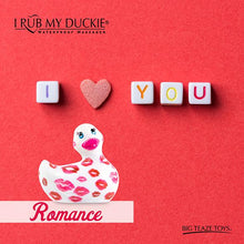 Load image into Gallery viewer, Duckie Royal Blue w/ Pink Hearts &amp; Kisses, Romance Bath &amp; Body It&#39;s the Bomb   