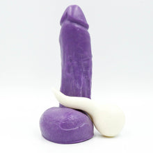 Load image into Gallery viewer, Stroker Jr purple penis soap with suction cup white spermie soap