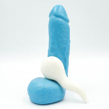 Load image into Gallery viewer, Stroker Jr&#39; blue penis soap with suction cup white spermie soap