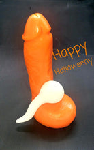 Load image into Gallery viewer, Stroker Jr halloween orange penis soap with suction cup white spermie soap